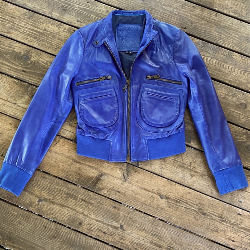 For Joseph Royal Blue Leather Moto Jacket